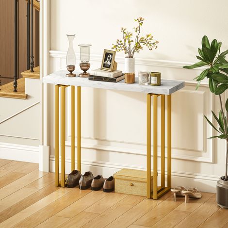 Mesa consola, mesa de entrada, con tablero efecto mármol, estructura de acero, 100 x 30 x 78,5 cm, blanco y dorado.