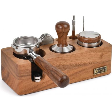 Estación de prensado de café para café de 58 mm, soporte para filtro de madera maciza de nogal, 5 ranuras de almacenamiento para prensador, cesta y portafiltro, base antideslizante. (1/5)