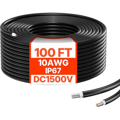 Câble de rallonge panneau solaire 30,48m/100FT, 6mm²/10AWG, IP67 étanche, noir, pour installations solaires maison, bateau et camping-car. (1/5)