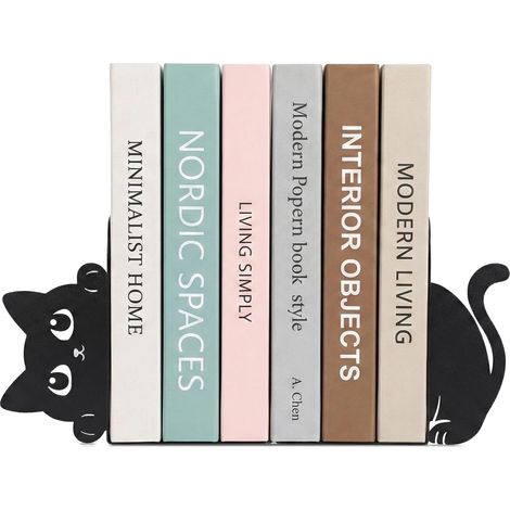 Serre-Livres Chat Curieux en Métal, Lot de 2, Base Élargie et Épaissie pour Une Stabilité Renforcée, Serre-Livres Décoratifs pour Étagères, Bureaux et Tables, Idée Cadeau (1/4)