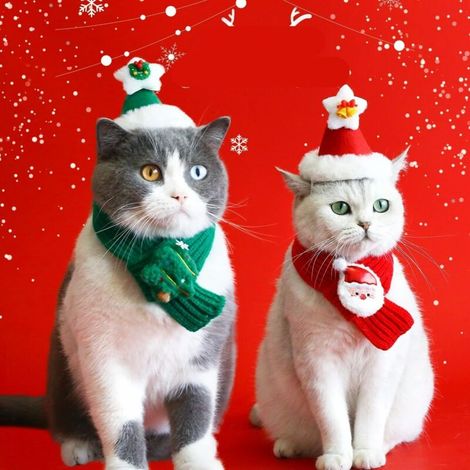 Lavoro a maglia per animali domestici - Sciarpa natalizia per cani e gatti - Set in lana con motivo di renne e pupazzo di neve, caldo berretto di peluche - Set da 2 pezzi per le feste natalizie per ca (1/2)