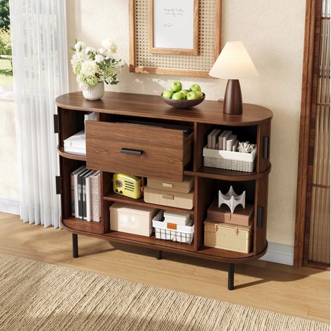 Buffet de rangement avec portes coulissantes et tiroir central, meuble d'entrée, 110x35x81,5 cm, MDF noyer (1/5)