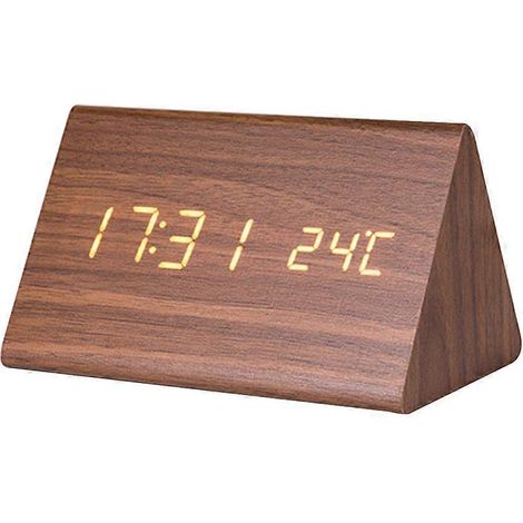 Réveil numérique de bureau en bois avec LED, rétroéclairage et fonction silencieuse, réglage de l'heure, de la température et de la luminosité (finition bois marron et affichage blanc). Marron. (1/3)