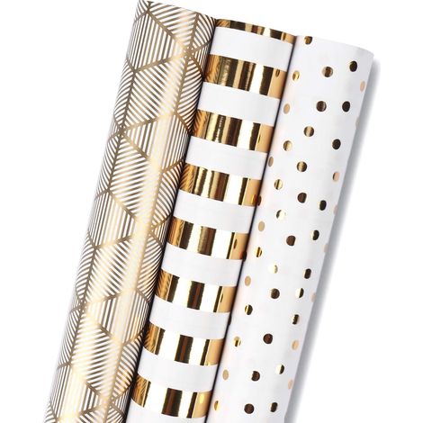 Rouleau De Papier D'Emballage Cadeau - Mini rouleau - Ensemble De 3 Différents Or Et Blanc (42,5 pieds carrés) - 43,2 cm X 3,05 m Par Rouleau (1/5)