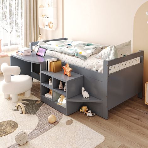 Letto bambini 90x200 cm con scrivania, vano portaoggetti e 2 porte USB in legno, grigio, senza materasso (1/5)