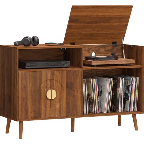 HOMCOM Record Player Stand Holds Up to 300 Albums with Cable Hole, Walnut (1/5)