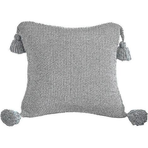 Housse de coussin décorative à pompons faite main, housse de coussin pour canapé, lit, salon (bleu) (1/5)