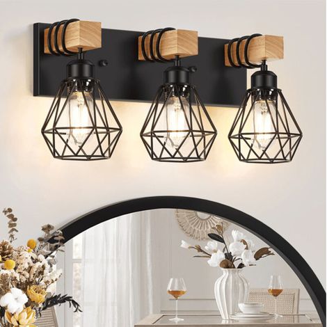 Applique Murale Industrielle 3 Lumières - Luminaire Salle de Bain & Chevet avec Miroir - Éclairage Doux pour Nuit - Sans Ampoule - Style Intérieur (1/5)