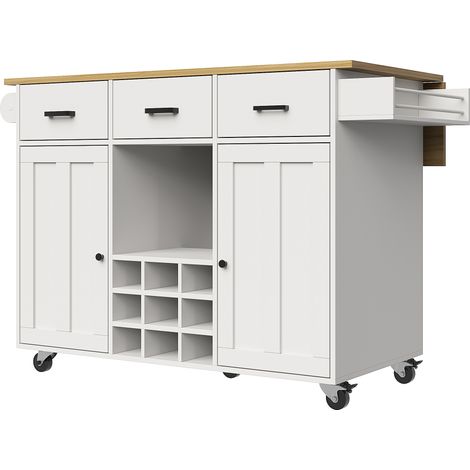 Chariot de service, chariot de cuisine amovible avec plan de travail, porte-serviettes et étagère à épices, cloisons réglables, buffet, meubles de cuisine, plateau effet bois, blanc (1/5)