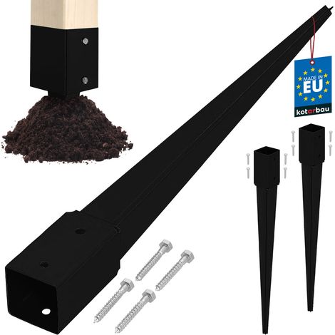 KOTARBAU® Base in acciaio per palo di ancoraggio a terra per pergole e gazebo, 51 x 51 x 600 mm, nera, set da 2