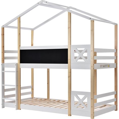 Hochbett Kinderhaus mit Leiter 90 x 200 cm, mit Lattenrost, Weiß und Naturholz (1/5)