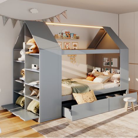 Kinderbett 90 x 200 cm in Hausform mit LED, 2 Schubladen und Stauraum, grau OKMYHOME (1/5)