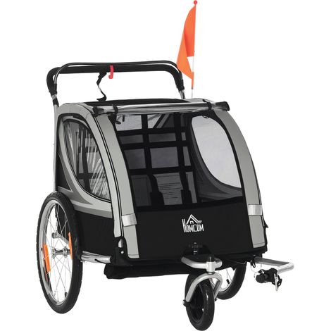Kinderfahrradanhänger, Schiebewagen, mit Bremsen, klappbar, für 2 Kinder, Grau/Schwarz