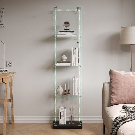 Vitrines en verre, 39.5x35x163cm, 4 étagères, 1 porte, bande lumineuse LED, Vitrine Armoire, Verre Trempé, pour Salon,Chambre, Noir