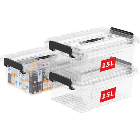 15L3 Boîte de Rangement, Bac de rangement avec Poignée, Plastique Organisateur avec Couvercle, Empilable, Transportable, pour Vêtements, Bureau, Chambre, Dortoirs, Transparent, 15L - Lot de 3 (1/5)