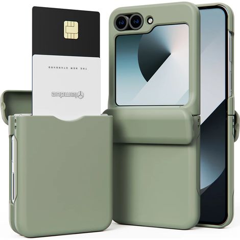 (Vert, Galaxy Z Flip5) Étui de téléphone pliable, fait également office de portefeuille et de porte-cartes, coque rigide antichoc pour une protection intégrale. (1/3)