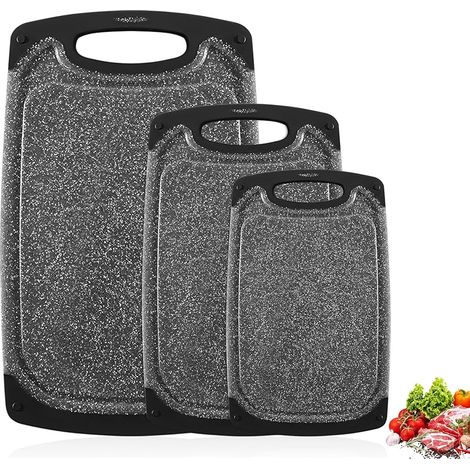 3 Pièces Planche Découper, avec Poignée & Rainure Jus & Pieds Antidérapante, Set Planches Decouper Cuisine, Cutting Board Plastique Passe au Lave-Vaisselle pour Viande, Légumes, Fruits (Noir) (1/5)