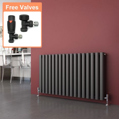ELEGANT Anthracite Radiators Horizontal Double Heater 600 x 1003 mm Column Oval Panel Central Heating Designer Bathroom Radiator + Chrome Thermostatic Radiator Valves (1/5)