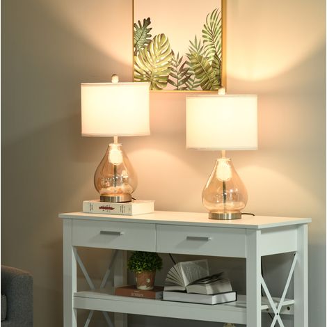 Set 2 lampade da tavolo E27 in vetro ambra, lino e acciaio Ø30 x 56 cm