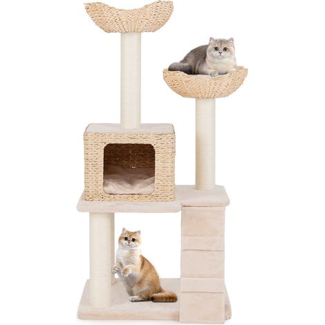 Arbre à chat beige 122 cm en massette naturelle avec poteaux en sisal, perchoir et niche, pour salon et chambre (1/5)