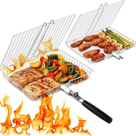 Panier à griller empilable en acier inoxydable avec poignée amovible - pour poisson, légumes, crevettes - cadeau pour homme, papa, mari (1/5)