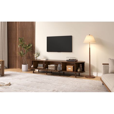 1804040 cm. Meuble ovale pour téléviseur, en bois de noyer foncé, avec design en rotin. Matériau utilisé : MDF. Capacité de charge : 30 kg. Il comprend également une porte à roulettes. (1/5)