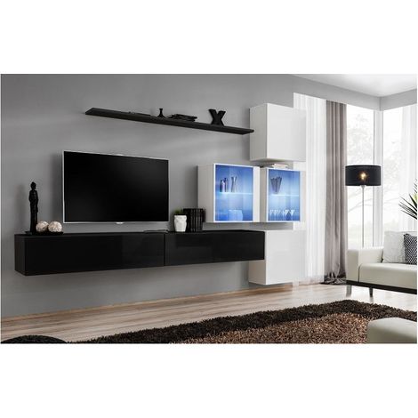 Ensemble meuble TV mural  - Switch XIX - 310 cm x 200 cm x 40 cm - Noir et blanc - Livraison gratuite