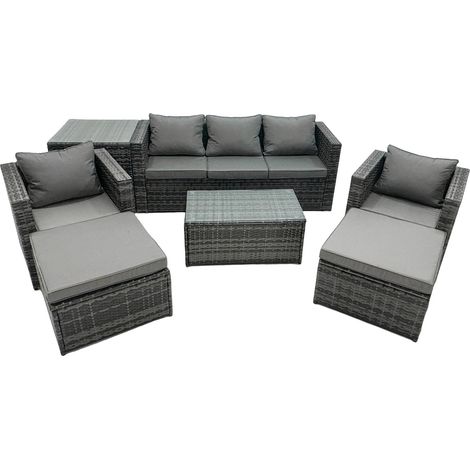 Fimous Rattan Garden Furniture Dining Set 7-seater Patio Coffee Table Sofa Set with Side Table 2 Armchair 2 Big Footstools Dark Grey Mixed (1/5)