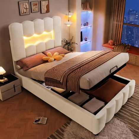 Cadre de lit beige en velours 203 x 90 x 109 cm (1/5)