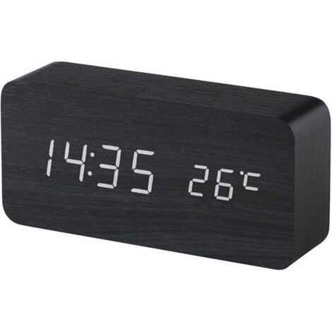 (Noir) Réveil digital en bois avec contrôle sonore par LED, alimentation double par batterie USB, horloge silencieuse en bois avec LED, décorations pour la maison (1/4)