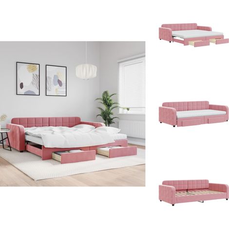 Lit de jour avec gigogne et tiroirs rose 100x200 cm velours - Lit De Jour Avec Lit Gigogne - Lits De Jour Avec Lits Gigognes - Canapé-lit - Lit D'appoint (1/5)
