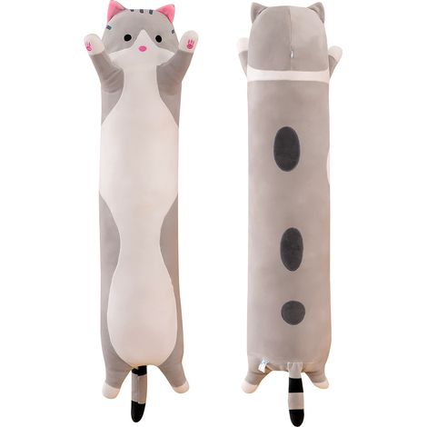 Lungo cuscino peluche giocattolo animale ripieno, carino peluche morbido abbraccio cuscino Kawaii regalo, peluche per gatti per Ragazza - Grey 70cm (1/5)