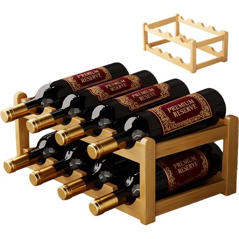 Casier à vin en bois : étagère à bouteilles pour 8 bouteilles, porte-bouteilles à 2 compartiments en bambou naturel, porte-bouteilles de vin, étagère d'organisation pour cave, cuisine, bar, salle à (1/5)