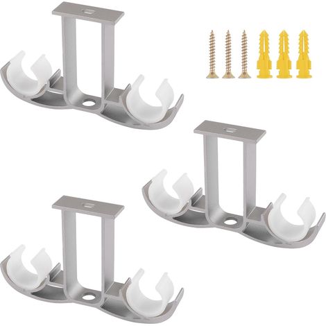 Lot de 3 - Support double - Tringle à rideau - Fixation plafond - Alliage d'aluminium - Pour fenêtre et salon - Gris - 8x13 cm (1/5)