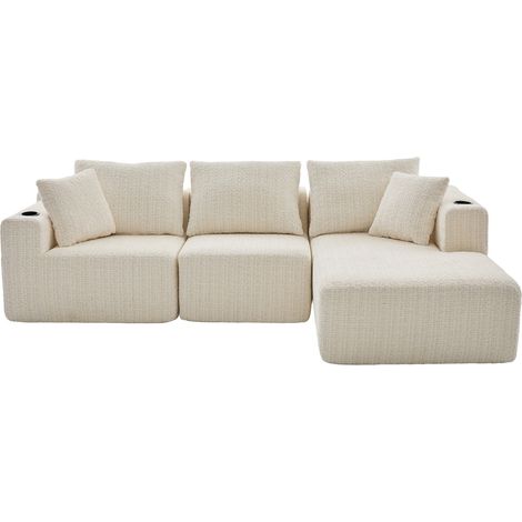 Sofá modular en L de 3 plazas beige con tejido suave, portavasos y bolsillos, sin montaje (1/5)
