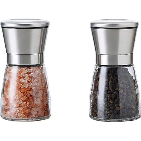 MINKUROW 2 Pezzi Macina Sale E Pepe, Miglior Macina Spezie, Con Coperchio In Acciaio Inossidabile Spazzolato, Spessore Regolabile E Corpo In Vetro Ricaricabile, Capacità 150 Ml (Due Piccoli Corpi In V (1/5)