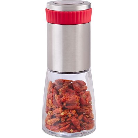 Relaxdays Chili Mill, Stainless Spice Shaker with Herb Grinder, 16 cm Tall, Red-Silver