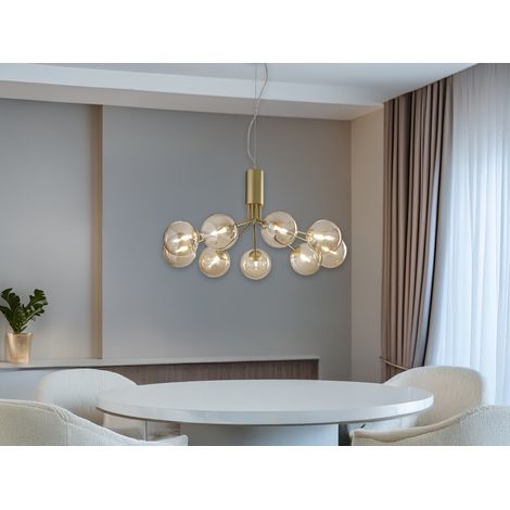 Große Pendelleuchte HONEY 9-flammig Gold-Glaskugeln Bernsteinfarbig, Ø 83cm