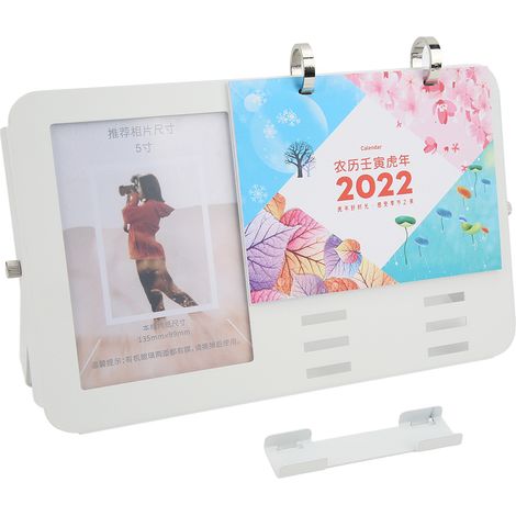 Calendrier de bureau 2022 rond simple en métal 16x26cm avec cadre photo 12,7cm pour maison bureau (1/5)