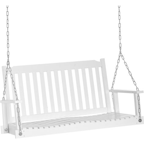 Balançoire de jardin pour 2 personnes, banc suspendu, bois massif, patio, terrasse, jardin, blanc, 117 x 69 x 60 cm (1/5)