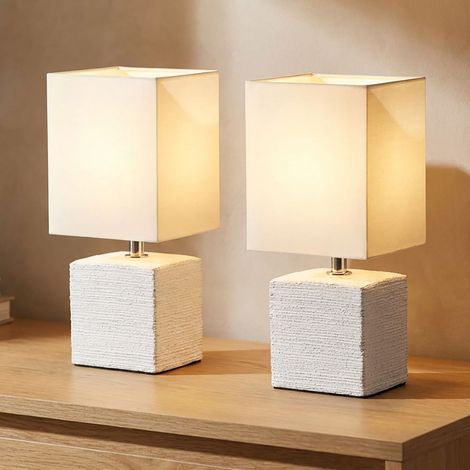 Set di 2 lampade da tavolo Lampada laterale Paralume in tessuto Lampada da comodino Ceramica bianca Lampada da tavolo con interruttore a cavo Presa E14 Altezza 29 cm