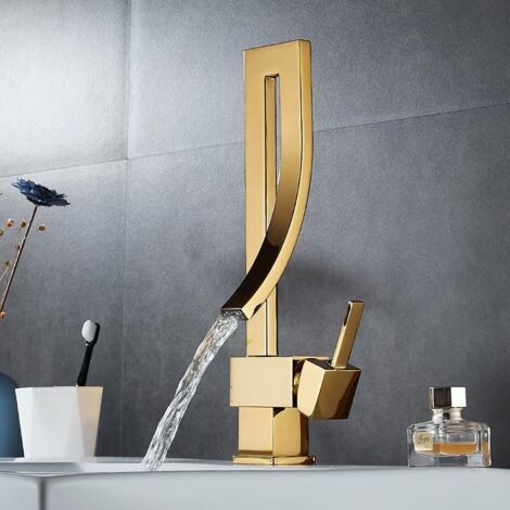 Messing-Waschtischarmatur, spritzwassergeschützter Wasserfall-Küchenhahn, Einhebelmischer, 360-Grad-Drehgelenk, Warm- und Kaltwasser (Gold)
