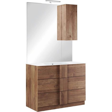 Meuble Vasque 82cm 3 tiroirs + Miroir aspect bois finition Mercure - ZEUS (1/4)