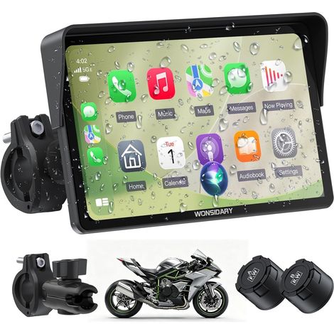 W722TPMS 7 Inch Motorcycle Screen, and Android Auto Wireless with TPMS, GPS Motorcycle Touch Screen IP67 Waterproof, Dual Bluetooth, Voice Control, Light Sensor, Equalizer (1/5)
