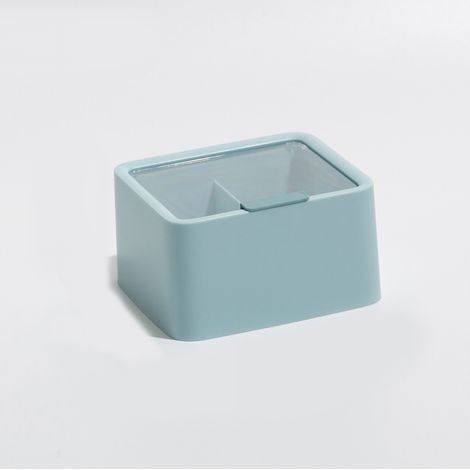 Boîte de Rangement Cosmétique en Plastique avec Couvercle, Double Grille pour Coton-Tige et Fil Dentaire, Antipoussière Bleue (1/5)