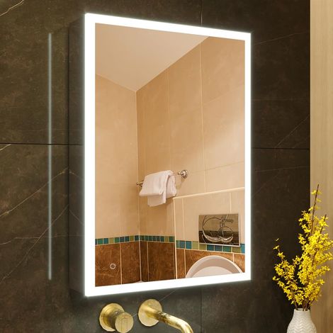 LED éclairage Salle de Bains Armoire à Pharmacie avec Miroir, Température de Couleur réGlable, Prise et USB, Armoire à Pharmacie Miroir Mural (Charnière gauche-50×70) (1/5)