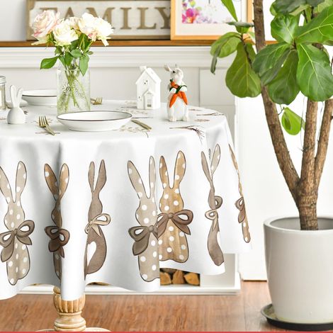 Nappe ronde 140 cm motif lapin, Pâques, printemps, anti-taches