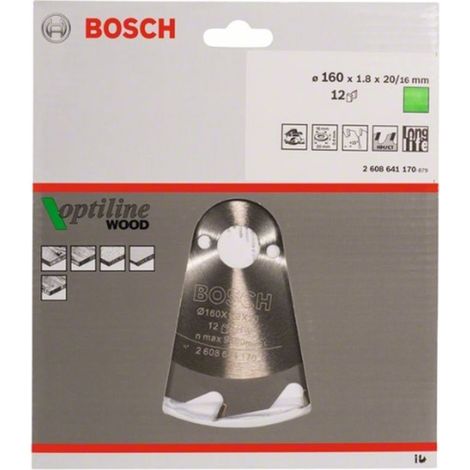 BOSCH DISCO SIERRA OPTILINE MADERA Diámetro disco x eje (mm) 160x20 Número de dientes 12 (1/4)