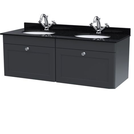 Swynnerton Traditional 2 Drawer Wall Hung Vanity Unit with Double Marble Basin, Dark Grey, 1200mm