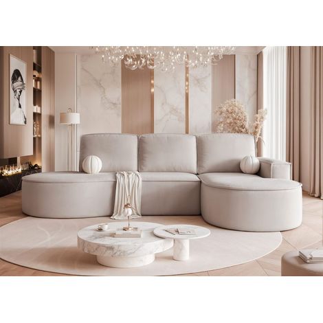 Ecksofa Schlafsofa Sofa ARLET in Stoff Riviera Hellbeige Ottomane Rechts